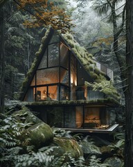 Sticker - AI generated illustration of a contemporary cabin nestled among trees and rocks in a forest setting