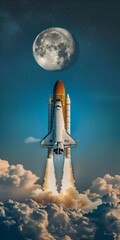 Sticker - AI generated illustration of a space shuttle soaring under a full moon in the night sky