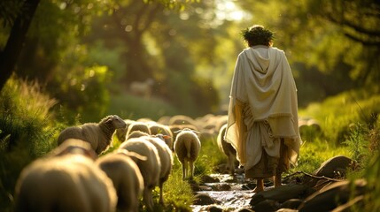 Wall Mural - A man is walking through a field with a group of sheep