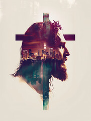 Wall Mural - Double exposure image of Jesus Christ, Christian cross and night city