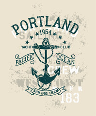 Poster - Pacific Ocean yacht club sailing team vintage vector print for boy kid t shirt