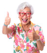 © Werayut - Healthy asian senior woman presenting himself happily enjoying, isolated background.