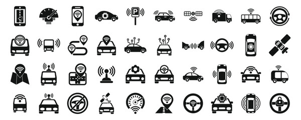 Poster - driverless vehicle icons set simple vector. future car. self drive traffic