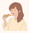 Young woman eating slice of delicious pizza. Hand drawn flat cartoon character vector illustration.