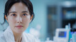 © fairyfingers - A Korean female internist in her 30s is looking at the camera. She is wearing a white gown. Close-up, portrait, background shows a hospital desk
