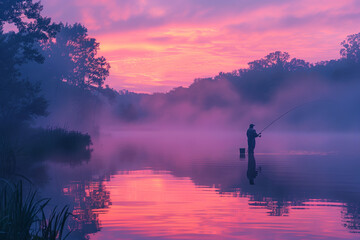 Sticker - Man practicing solitary fishing at a tranquil lake during early summer dawn