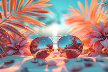 Beautiful summer posters and banners with sunglasses, copy space, 3d, illustration