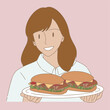 Joyful woman holding appetizing sandwiches with ham, cheese and fresh vegetables served. Waitress holding plate with sandwiches. Hand drawn flat cartoon character vector illustration.