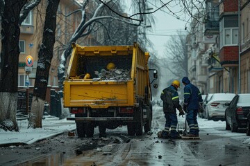 Two men are working on a yellow dump truck in the snow. The truck is parked on the side of the road