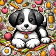 A dog sitting on top of a tablecloth, with amazing food illustration