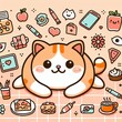 A cat sitting on top of a tablecloth, with amazing food illustration