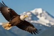 Eagle soaring high above a mountain range, its wings spread wide against the blue sky.