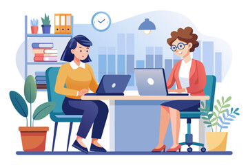 Aufkleber - businesswoman laptop student computer business woman office working startup entrepreneur start up education college class lecture technology young internet work modern flat design simple vector