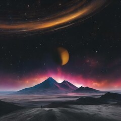 Wall Mural - AI generated illustration of a mountain in the distance, illuminated by orange and purple light