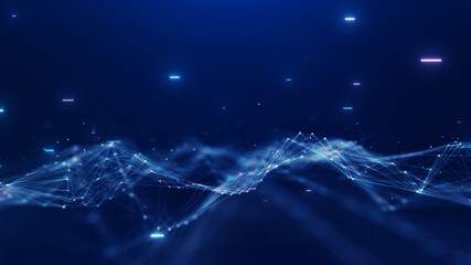 Fototapete - Digital technology abstract concept cyber security. Connection and flow of data waves, polygons, dot lines on a dark blue background. internet of things