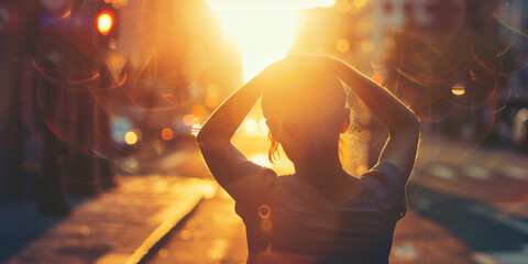 Exhausted person suffering from heat wave on a city street under direct sunlight, mirages blurring the urban horizon.