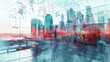 © kittikunfoto - Abstract metropolitan skyline with overlapping architectural blueprints and translucent red overlay, depicting a futuristic or conceptual urban planning design.