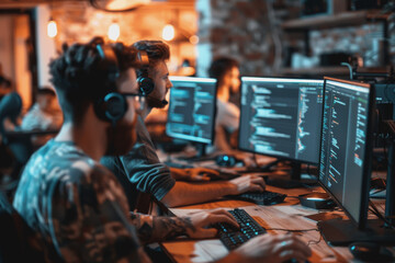 A group of developers men and women working together to program an e-commerce website.