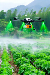 Wall Mural - Closeup of injection drone Flying among the vegetable gardens.