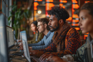 A group of developers men and women working together to program an e-commerce website.