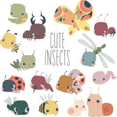 Wall Mural - Vector Cartoon Set with Cute Baby Insects on White Background