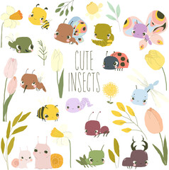 Wall Mural - Vector Cartoon Set with Cute Baby Insects, Flowers and Plants