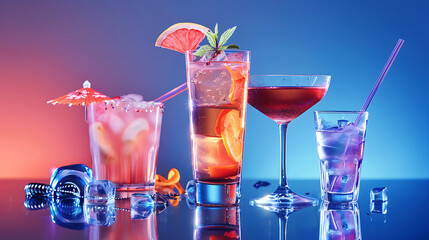 Cocktails, isolated background,  colorful and refreshing drinks