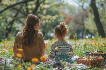 Poster - A family bike ride to a favorite local park, with a special picnic setup including the motherâ€™s favorite foods,