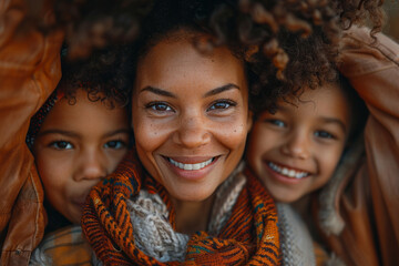 Poster - A family taking a group selfie, making funny faces, with the mother in the middle, laughing,
