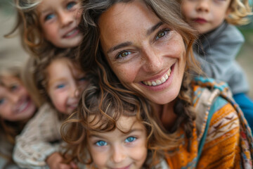 Poster - A family taking a group selfie, making funny faces, with the mother in the middle, laughing,