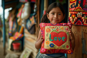 Poster - A young girl presenting a hand-sewn pillow to her mother, with Love embroidered on it in bright threads,
