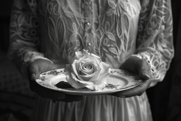 Poster - A daughter bringing her mother breakfast in bed on Mother's Day, with a single rose on the tray.