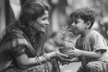 Poster - A little boy giving his mother a potted plant that they grew together, now blossoming just like their relationship,