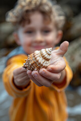 Poster - A child at the beach, handing their mother a uniquely shaped seashell as a reminder of their family vacation,