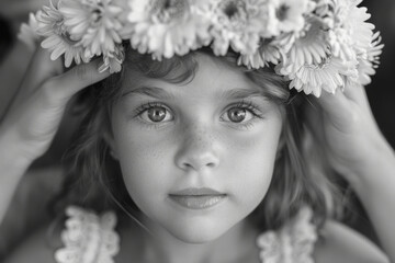 Poster - A little girl in a flower dress, offering her mother a matching floral crown they made together during a craft day,