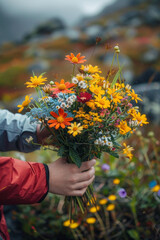 Poster - A son surprising his mother with a bouquet of wildflowers during a family hike, adding a touch of beauty to their adventure,