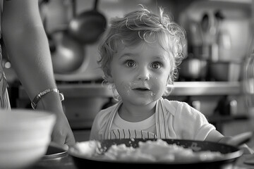 Poster - A toddler in a messy kitchen, presenting a slightly burnt pancake to their mother as a breakfast in bed treat,
