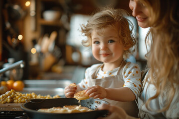 Poster - A toddler in a messy kitchen, presenting a slightly burnt pancake to their mother as a breakfast in bed treat,