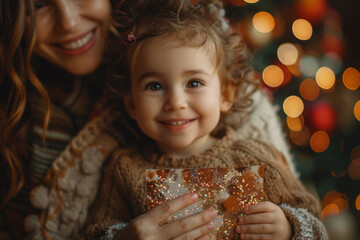 Poster - A small child holding up a homemade card covered in glitter and stickers, presenting it to their mother with a proud smile,