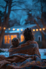 Poster - A peaceful moment of a mother and child watching the stars from their backyard, wrapped in a blanket,