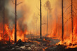 A raging wildfire overtakes a forest, with the blaze consuming trees under a smoky sky, symbolizing environmental challenges. Concept environmental disaster, climate change.