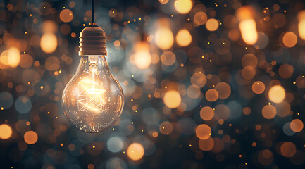Wall Mural - A glowing light bulb surrounded by other lights symbolizing the concept of innovation and creativity. The background is blurred to emphasize the litbulb, which adds an element of mystery or magic.