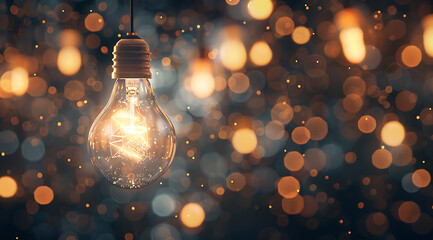 A glowing light bulb surrounded by other lights symbolizing the concept of innovation and creativity. The background is blurred to emphasize the litbulb, which adds an element of mystery or magic.