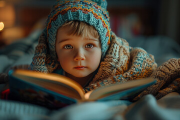Poster - An intimate moment of a mother reading a bedtime story to her young child, wrapped up in a cozy blanket,