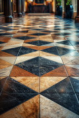 Poster - A luxury hotel whose lobby features a complex tiling of Penrose tiles, creating a never-repeating but perfectly ordered pattern,