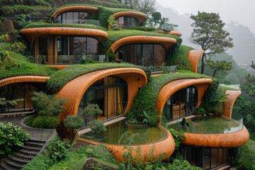 Poster - A series of villas designed with roofs that resemble the Fibonacci spirals, integrating naturally into the surrounding landscape,