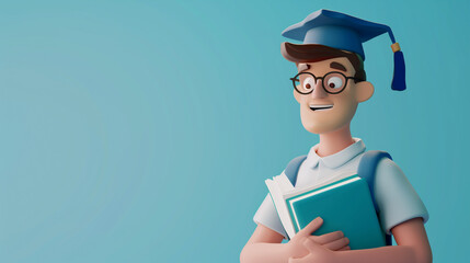 Wall Mural - copy space, 3D render of a cartoon character student wearing a graduation hat holding books, detailed illustration, professional color grading. Young graduated student. Education theme.