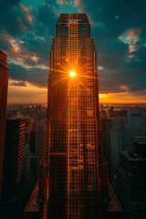 Poster - A skyscraper designed using the golden ratio, its facade reflecting the sun in perfect harmony, creating an awe-inspiring skyline,