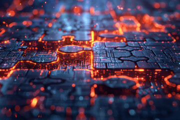 Leinwandbilder - A depiction of a blockchain network, with each block containing data secured by cryptographic hashes, represented as interconnected puzzles,