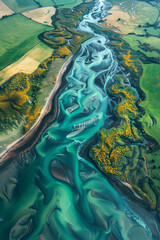 Aufkleber - an image of a river delta from above, showing the fractal network of waterways splitting into smalle